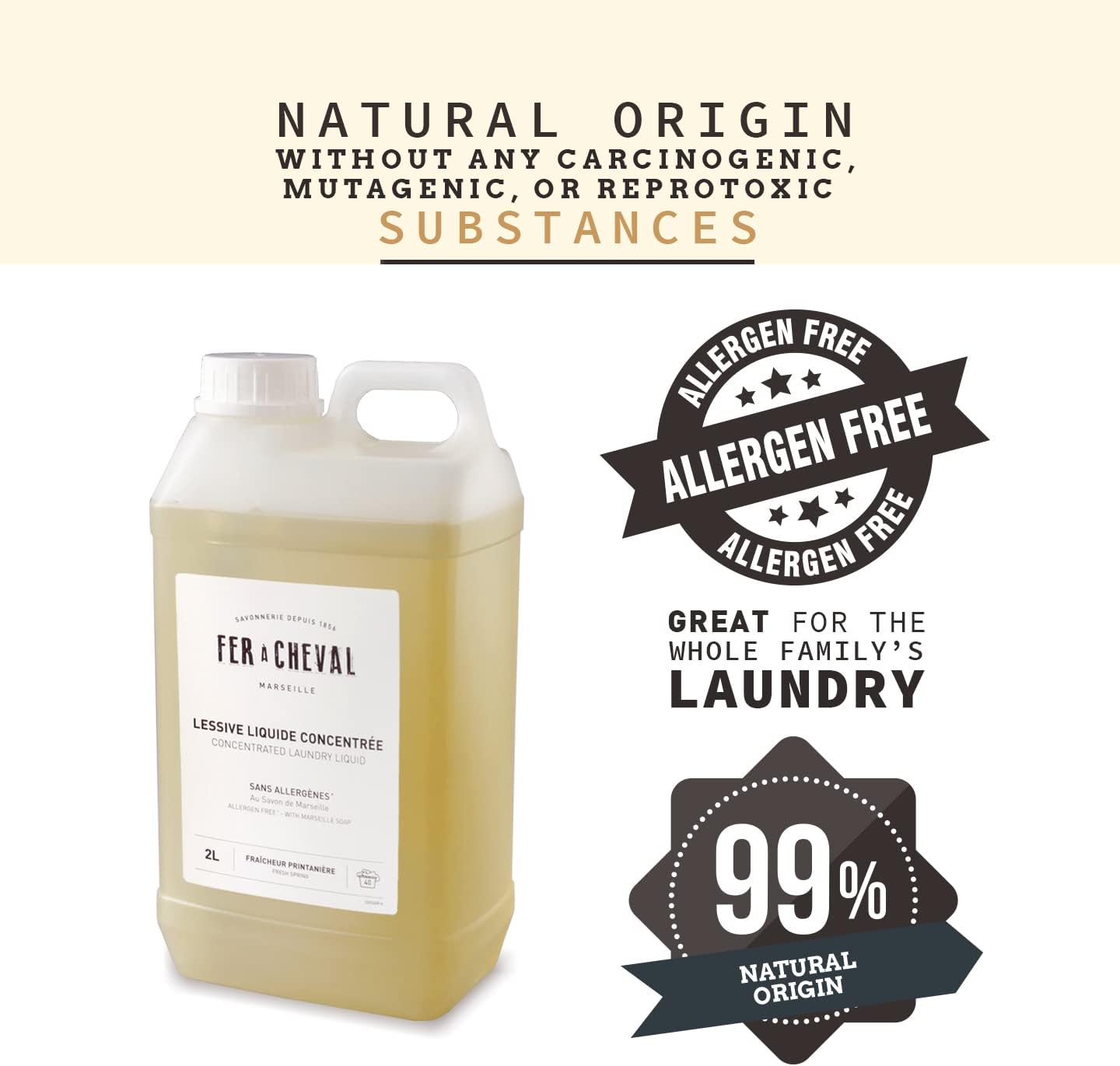 Fer à Cheval Concentrated Laundry Liquid, Allergen Free with Marseille Soap Fresh Spring, 2L/67.6oz