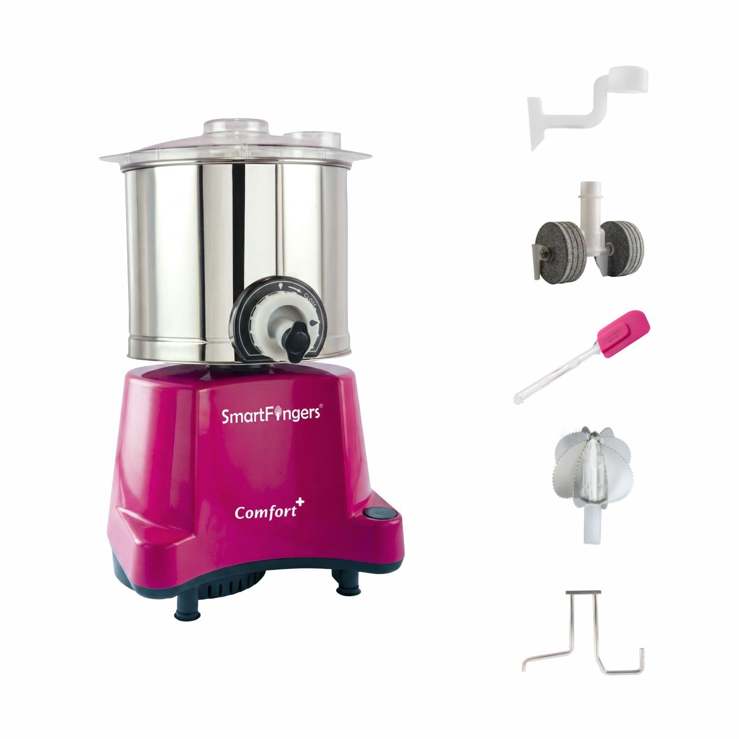 SmartFingers Comfort + Table Top Wet Grinder 230V, 2 Liter, Pink with Coconut Scrapper & Atta Kneader Attachment | Hands-Free Batter Dispenser | Top Wiper, 150W Motor | 5 Years Warranty | AISI 304-picture-25