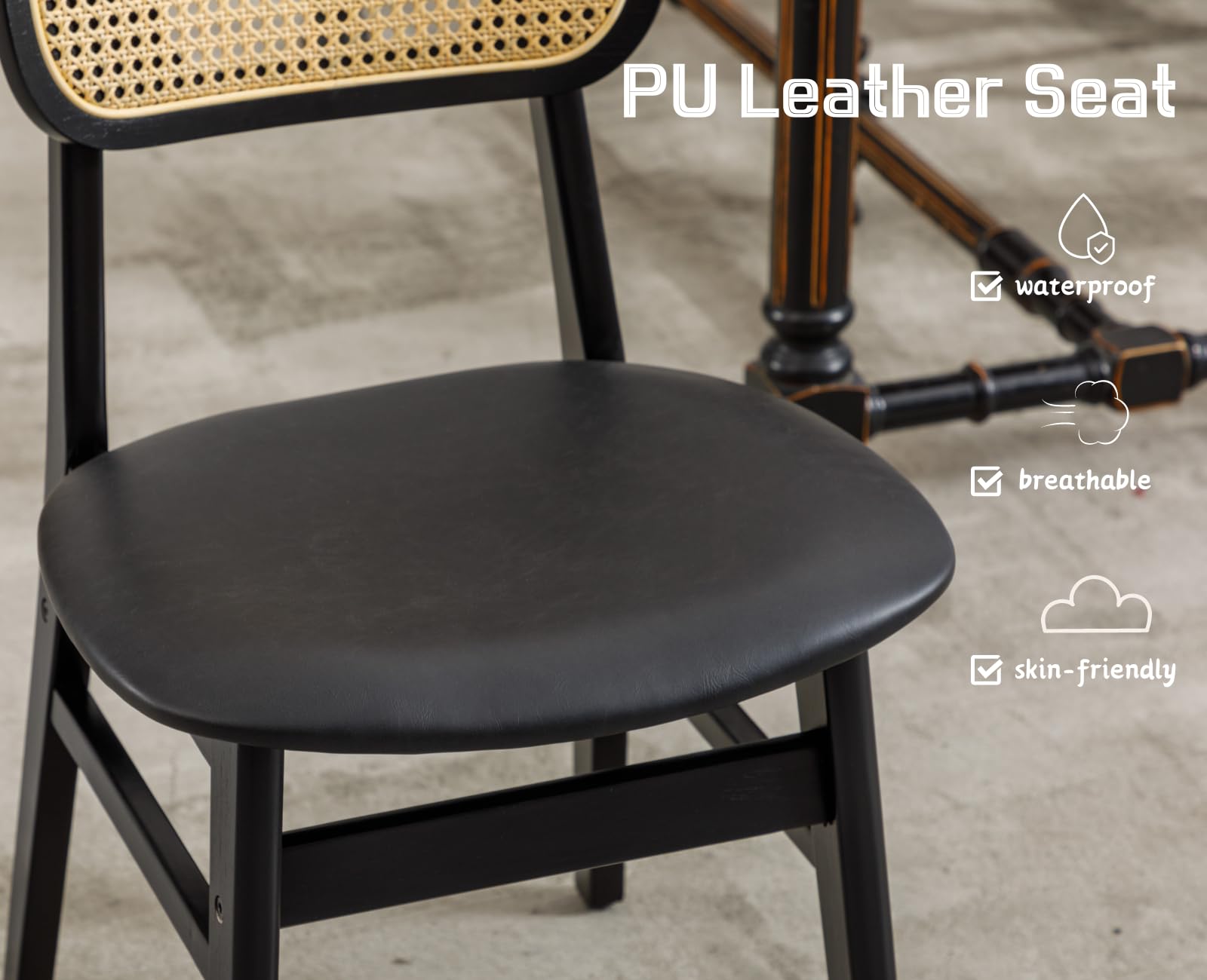 Set 4 Sedie Da Pranzo In Legno E Ecopelle - Schienale In Rattan, Imbottite, Nero, Per Interni Ed Esterni - Foto 8