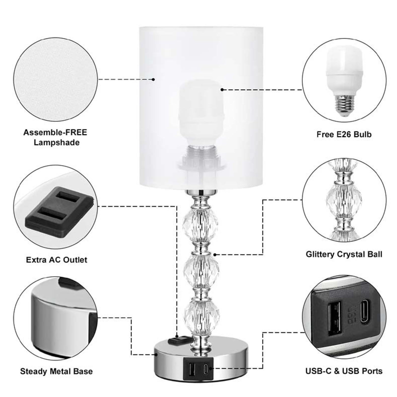 Lámparas de Mesita Regulable Táctil 3 Vías con Bombilla Lámpara de Mesa con Puerto de Carga USB A+C & Toma CA Lámpara de Noche Cristal con Pantalla Blanca Lámpara de Escritorio para Salón (A,2 Piezas)