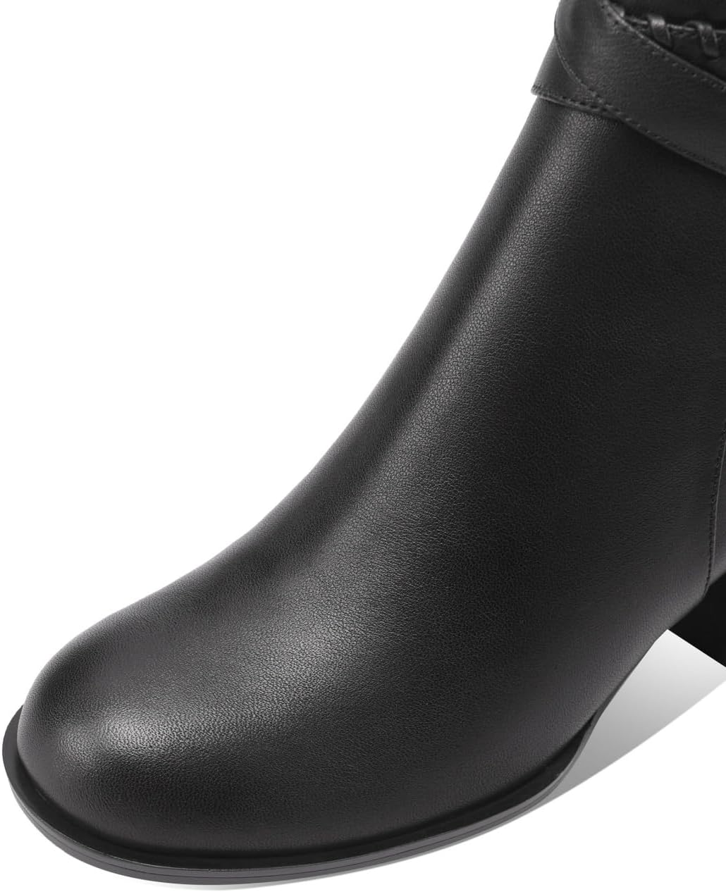 TinaCus Genuine Leather Women's Round Toe Ankle Boots Handmade Strap Buckle Chunky Heels with Zipper