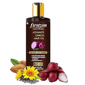 FIRSTZON Onion Hair Oil with 16 Essential Oils, Hair Growth Oil/Serum For Complete Hair Treatment with Argan, Bhringraj, Hibiscus, Sesame, Amla, Sweet Almond, Olive and more| 200 ml | Made in India