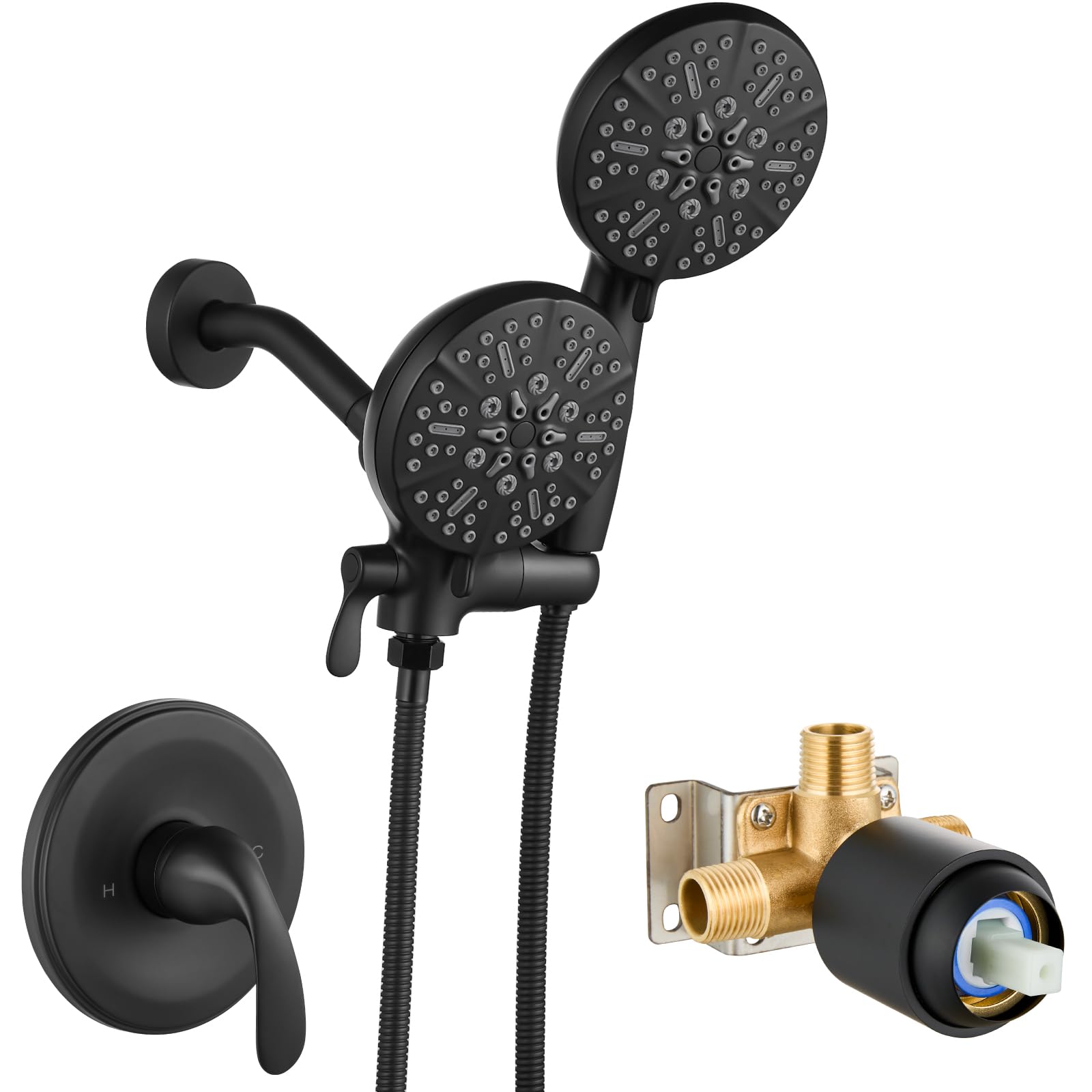 gotonovo Matte Black Shower Trim Kit High Pressure Dual 2 in 1 Shower Head System with ABS Handheld Shower,48 Setting and 3-Way Water Diverter Rain Bathing Shower Set Single Handle (Valve Included)