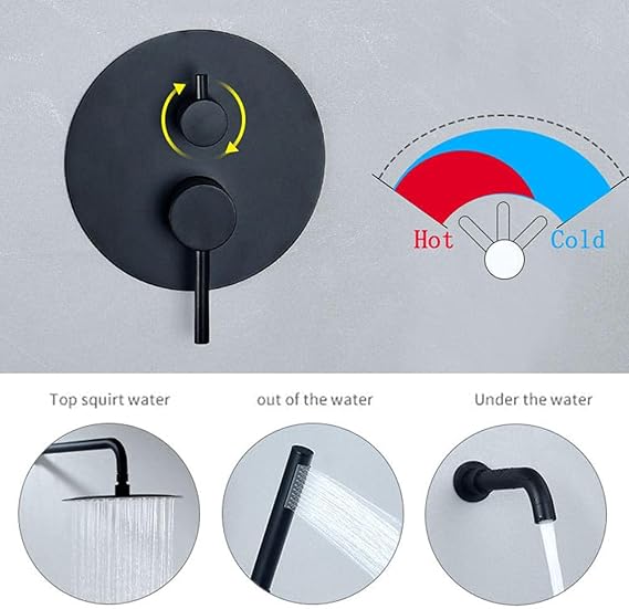 3-Function Shower System Round Shower Set Rain Shower Head & Handheld Shower Head Bathroom Rainfall Shower Kit-Brushed_8 in (BlackOne 12 tum)