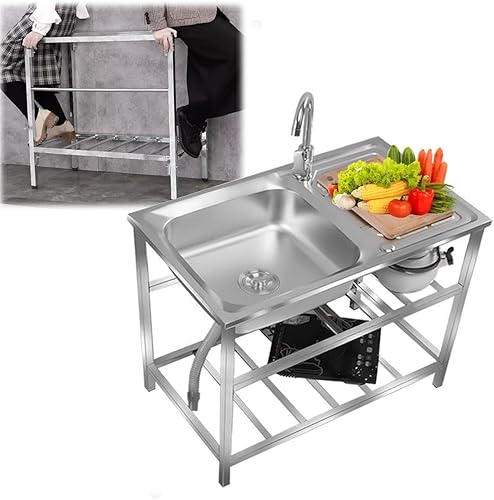 Miniatura 1 de AEHBDB Fregadero de cocina de restaurante comercial independiente con soporte de acero inoxidable resistente, kit de fregadero de un solo tazón con