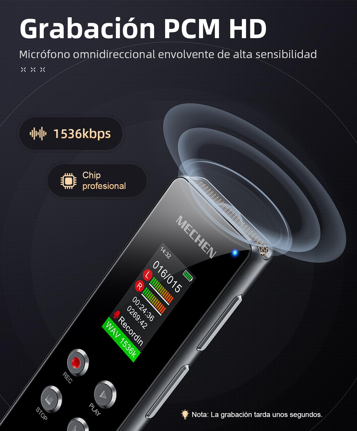 MECHEN V01 - Grabadora de Voz de 128 GB, Grabación con un Solo Toque, Protección con Contraseña, Reducción Automática del Ruido, para Entrevistas, Clases, Reuniones (128, GB)