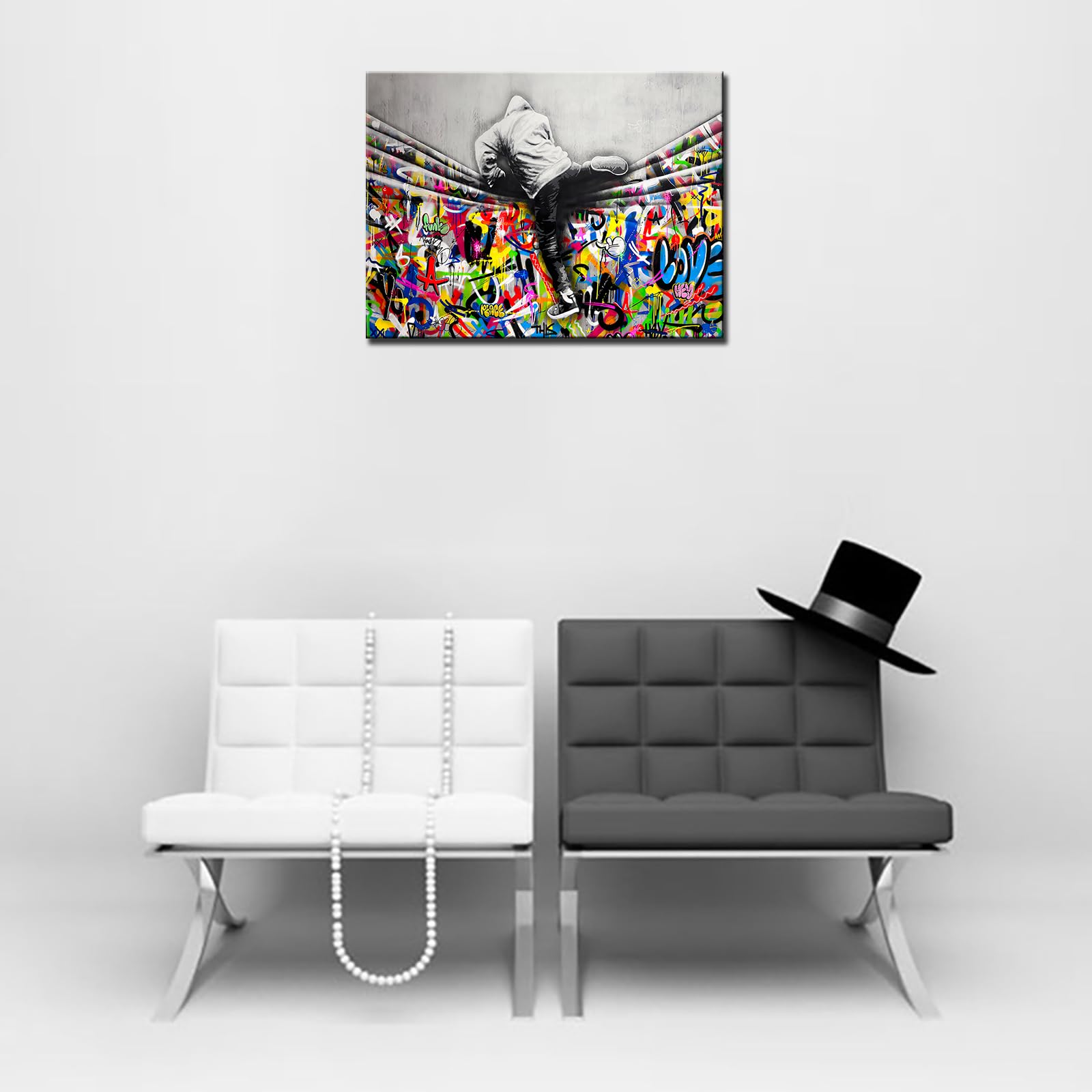 Banksy Street Art Decor Graffiti Men Paintings for Bedroom Behind the Curtain Pictures Nordics Artwork 1 Pieces Canvas Wall Art Modern Home Decor Framed Ready to Hang Poster and Prints(12''W x 16''H) - Image 2