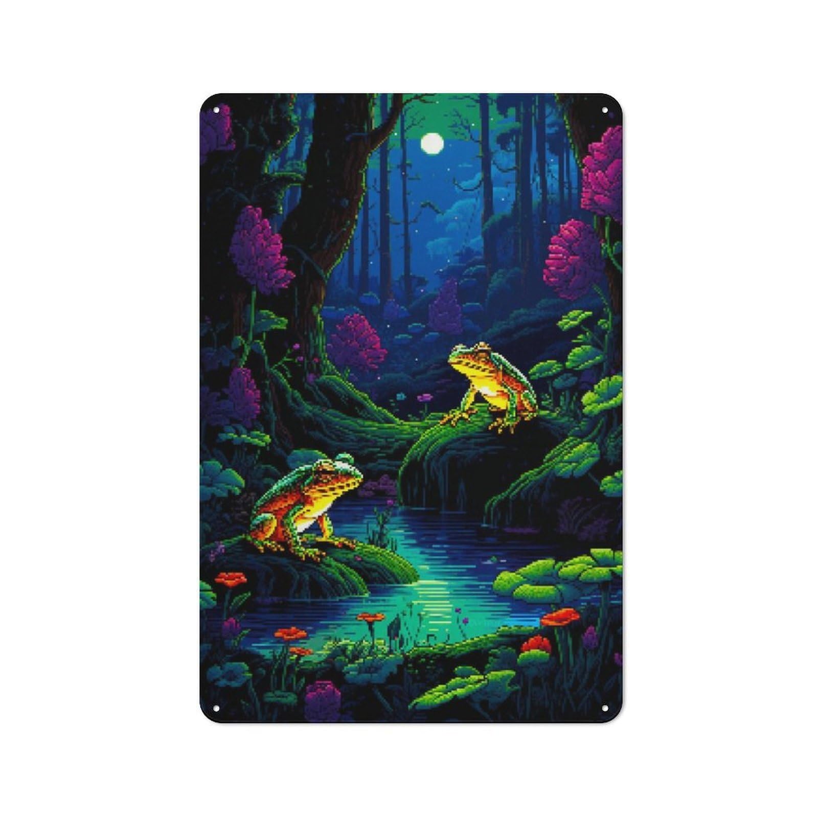 Junmoney Peaceful Retro Frogs Pixel For Hobby Room Or Studio, Rustic Metal Sign 30X20cm, For Creative Interior Collectors Refreshing A Room In Autumn