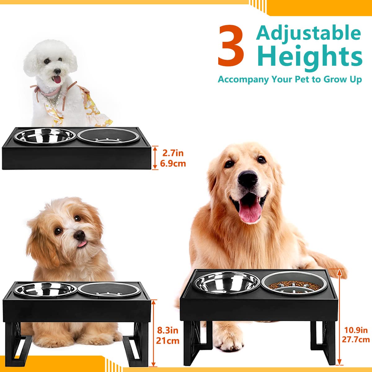 Ciotole Per Cani Rialzate Regolabili - 3 Altezze (7, 19.5, 29 Cm), 2 Ciotole Acciaio Inox, Base Antiscivolo