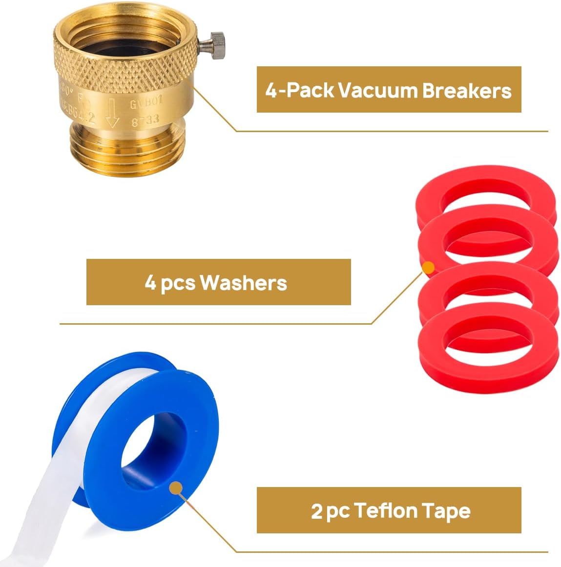 4-Pack Brass Vacuum Breaker Set 3/4" Anti-Siphon Hose Bib Valve for Garden Spigot RV Hose Connection Backflow Preventer Connector with Tape and Extra washers