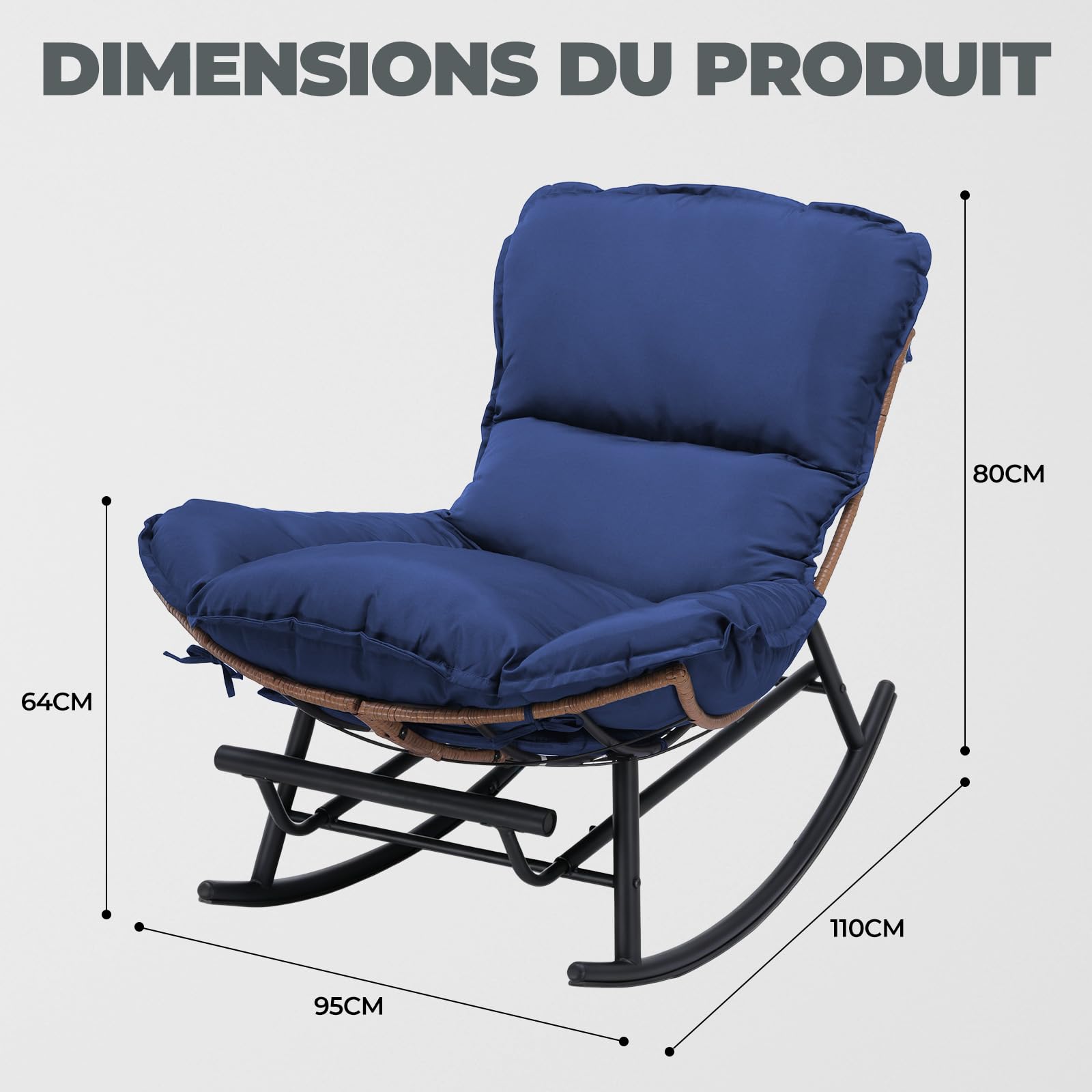 COMHOMA Fauteuil à bascule, fauteuil à bascule, fauteuil de relaxation, structure en acier, repose-pieds extensible, coussin amovible, charge maximale : 136 kg, pour chambre à coucher, salon, terrasse