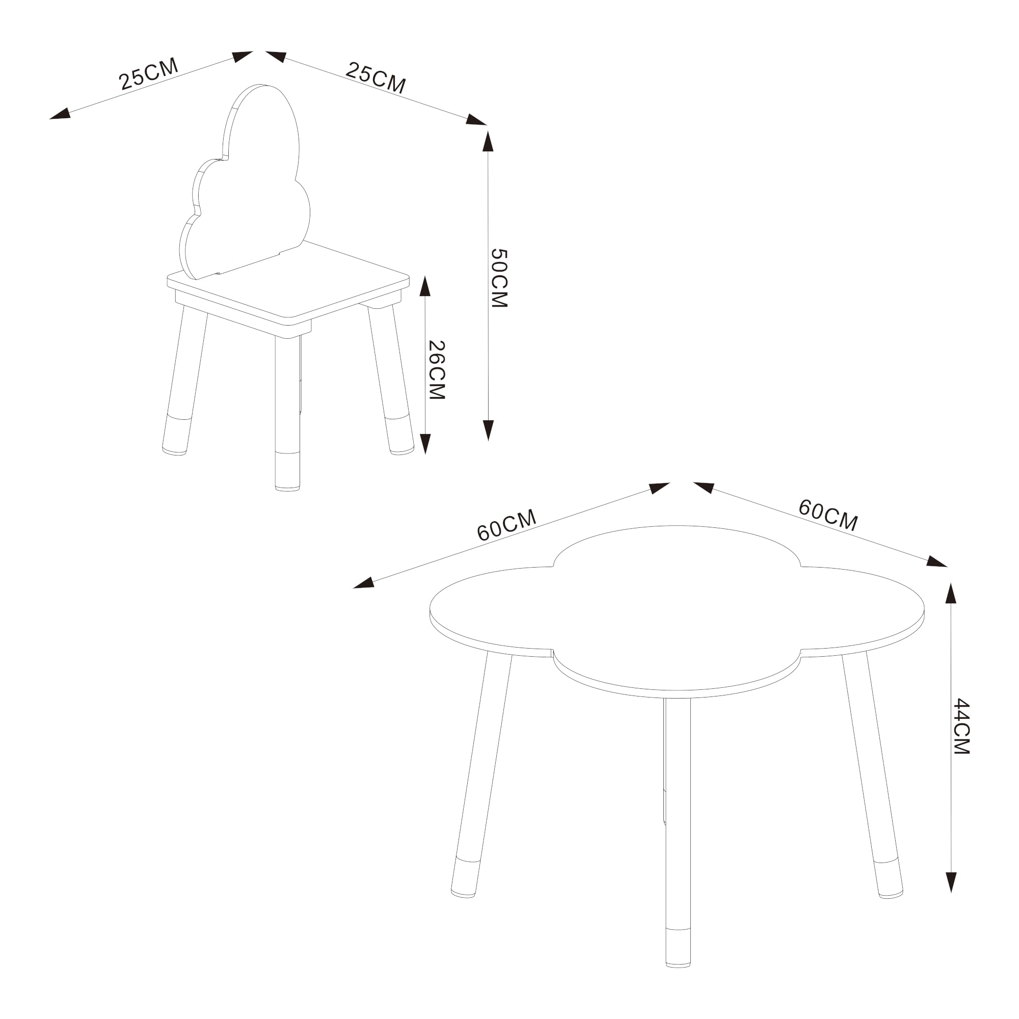 [en.casa] Set di 3 Mobili per Cameretta Tavolino e 2 Sedie con Schienale Tavolo a Forma di Nuvola a Misura di Bimbi per Area Gioco Bambini - Verde Menta/Naturale