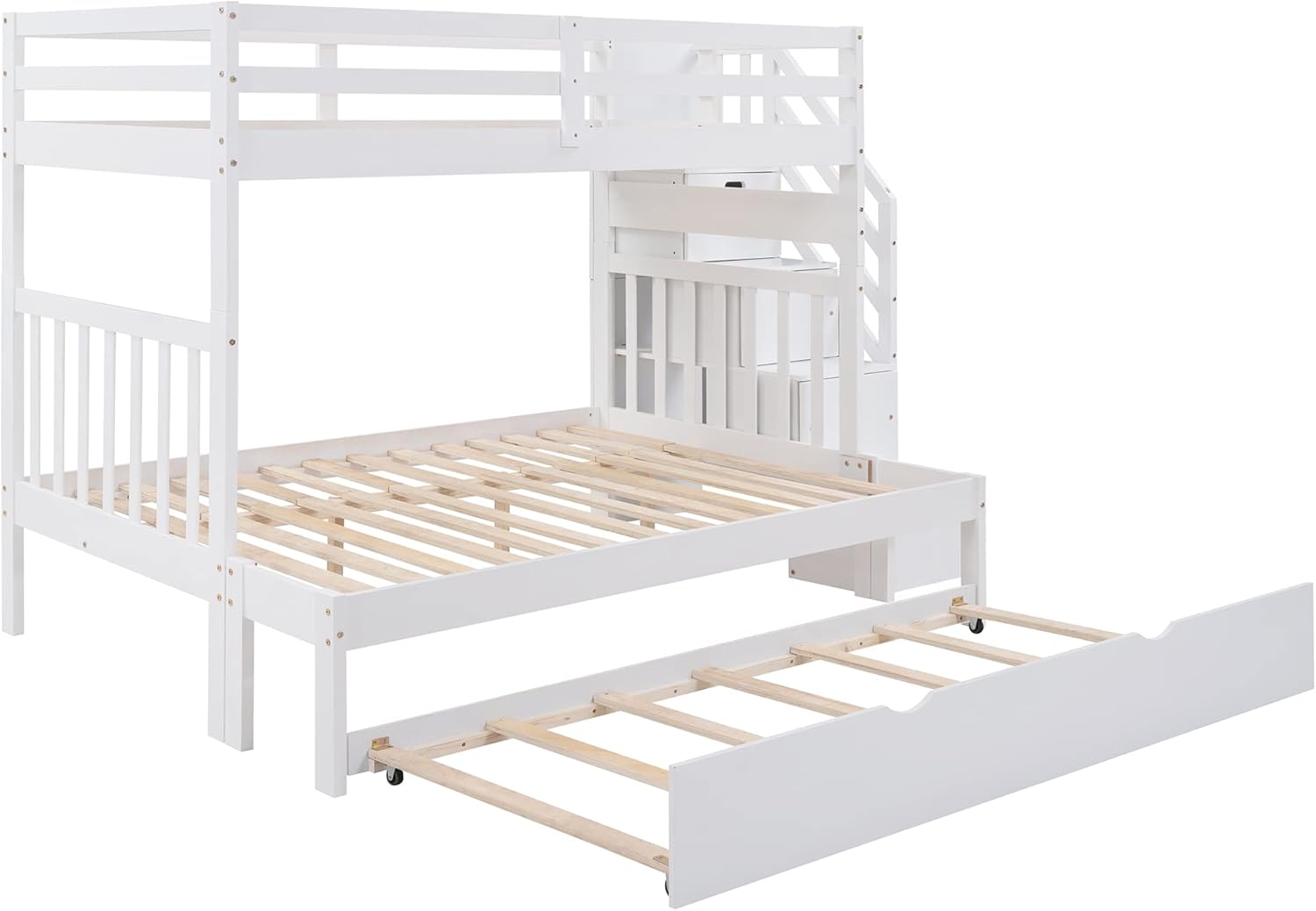 P PURLOVE Twin Over Full Bunk Bed with Twin Size Trundle Bunk Bed Frame with 4 Drawer and Storage Stairs, Can Be Split into 2 Single Beds, for Teens Adults, No Box Spring Needed, White
