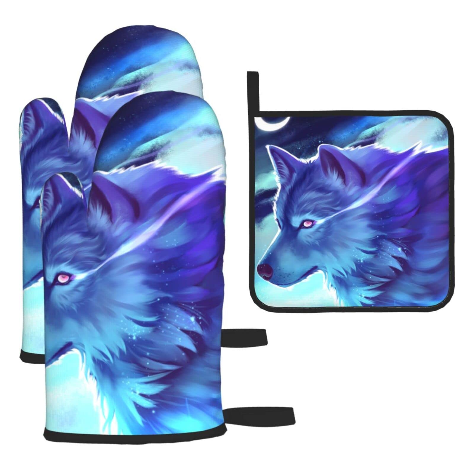 Wolf Printed Kitchen Baking Three-Piece Heat-Resistant Thick Cotton Oven Gloves for Cooking and Baking.