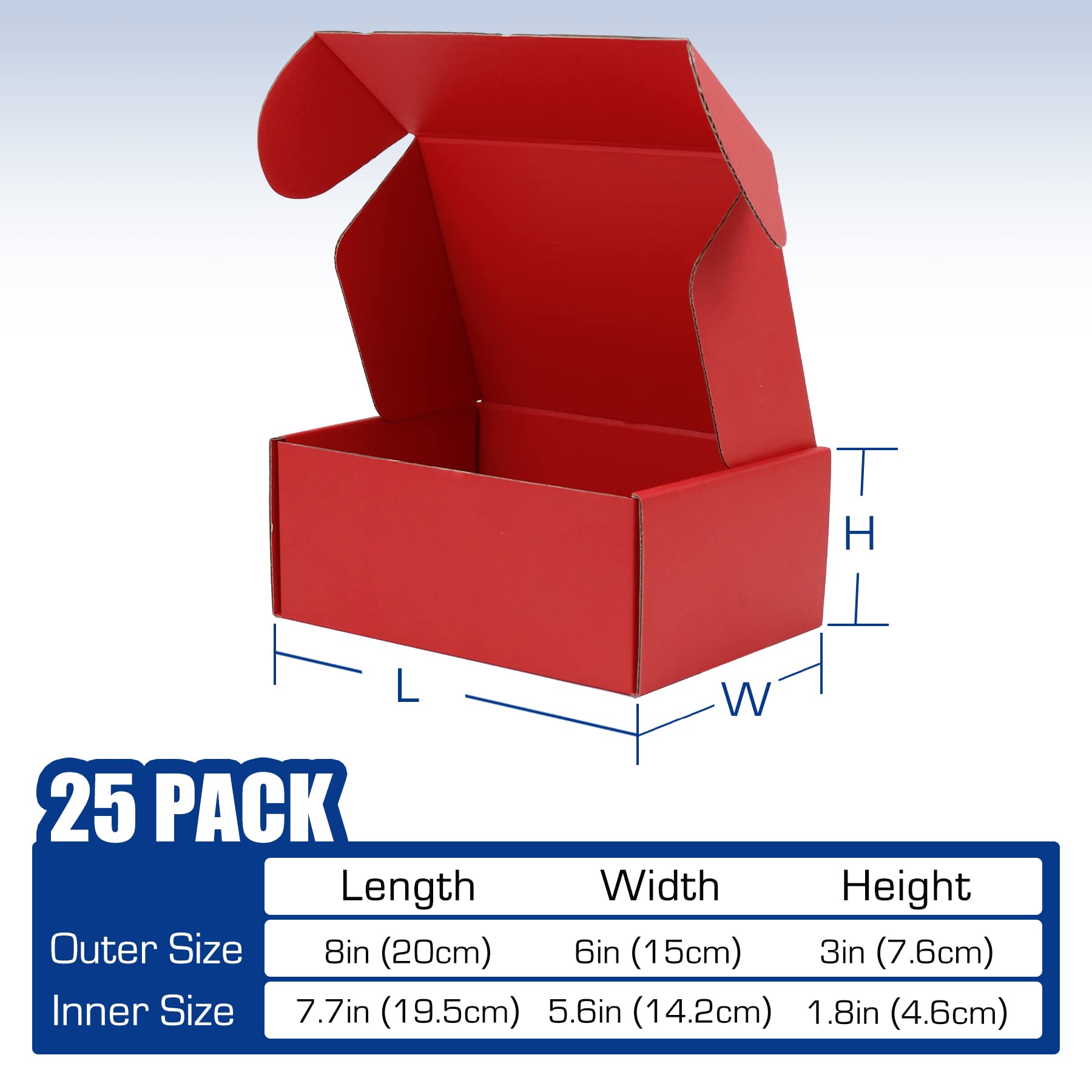 Paquete de 25 cajas de envío, 8 x 6 x 3 pulgadas, caja de cartón corrugado pequeña para envíos de negocios, regalos, decoraciones, papel kraft marrón (rojo)