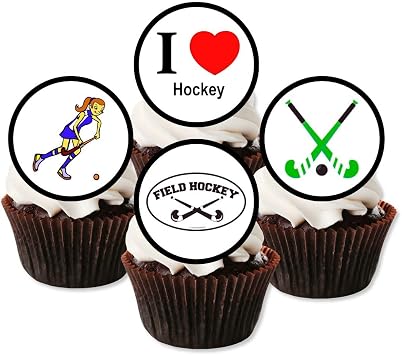 PRECUT Hockey Cupcake Toppers, Sports Theme Edible Cake Decorations, Hockey Party Decorations, Field Sports Edible Cupcake Toppers, 3cm / 1.18 Inch Wafer Card Discs 48