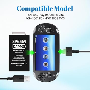 SHENMZ PS Vita 1000 Battery Replacement, 4600mAh High Capacity Battery with Charger Cable for Sony PlayStation Vita PCH-1001 PCH-1006 PCH-1101 SP65M with Repair Tools