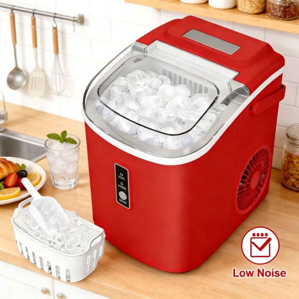 9 Bullet Ice Maker in 6 Minutes, 29lbs Ice in 24Hrs，Portable Ice Machine with Self-Cleaning and Ice Scoop, for Home Party Bar, Red