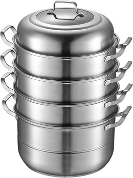 304 Stainless Steel Steamer, 5-Tiers with Glass Lid Rustproof Steamers, Cooking for Quick, Healthy Cooking for Vegetables and Seafood