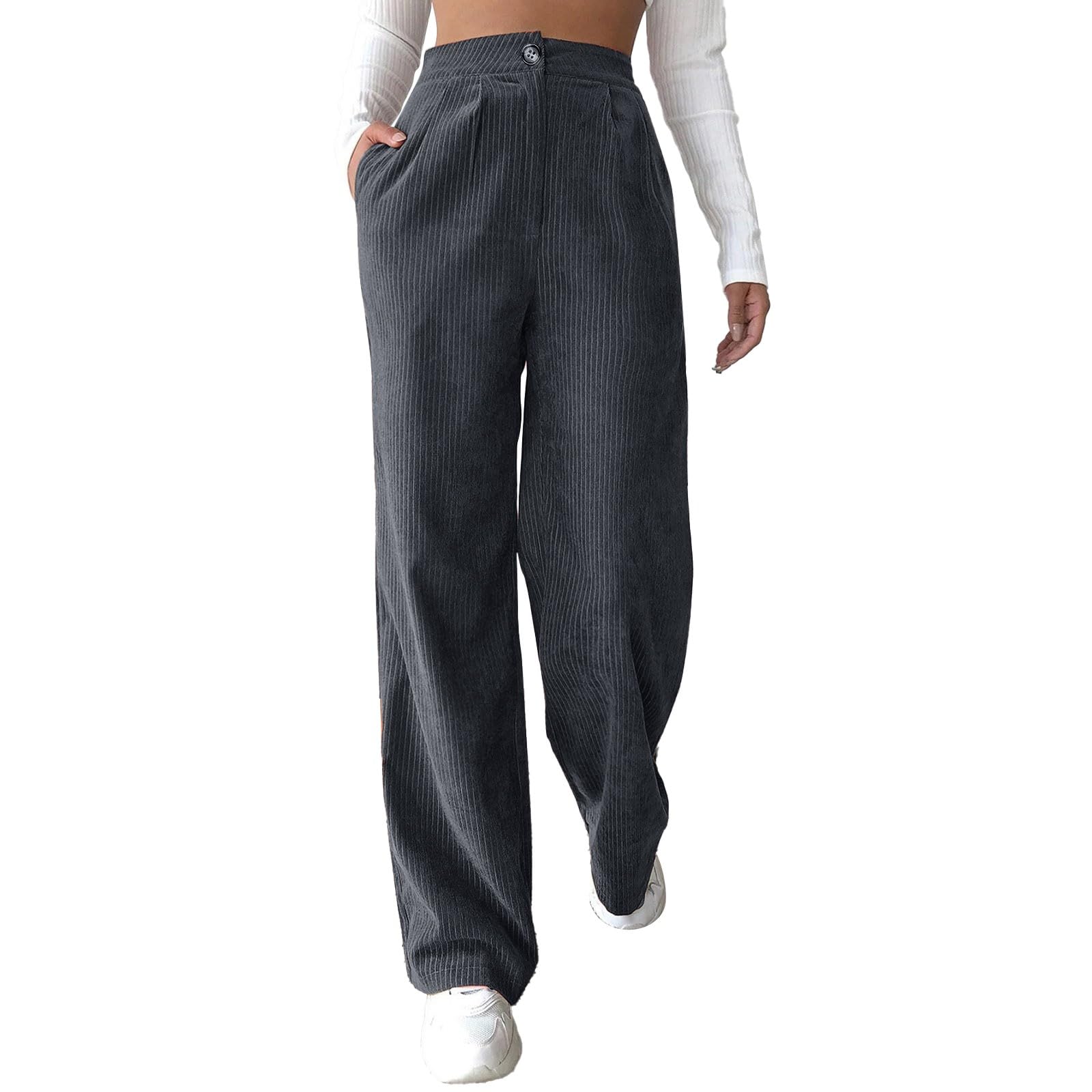 YOLAI Casual High Waist Straight Wide Leg Trousers Women Solid Color Corduroy Pants