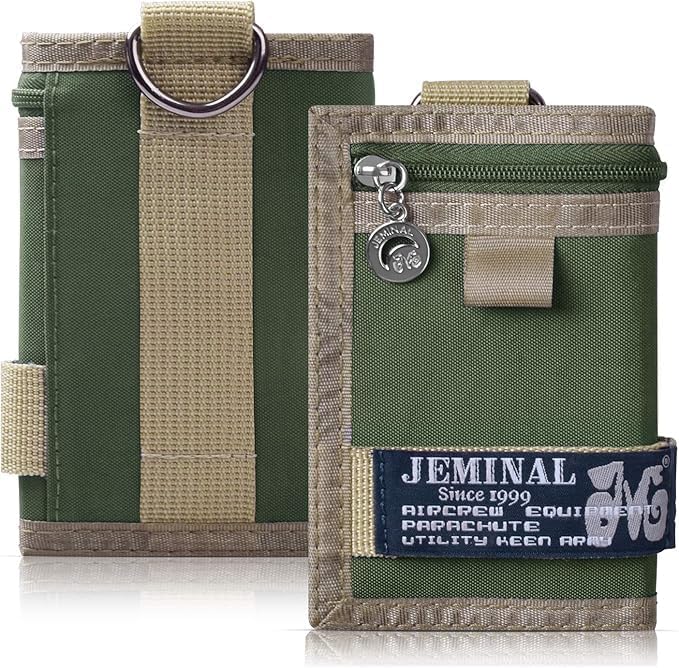 JEMINAL Trifold Wallet for Men Canvas Outdoor Sports Keychain Wallet with Multiple Card Slots and ID Window Green