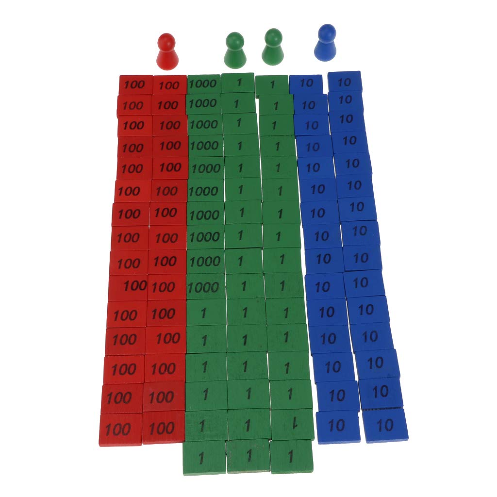 Juego de sellos Montessori de madera, juego de sellos Montessori de 4 piezas y 108 piezas de azulejos de madera etiquetados con 1, 10, 100 y 1000