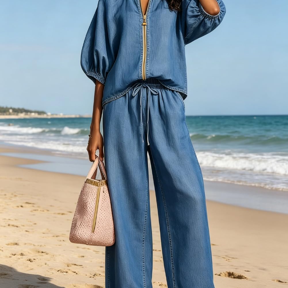 Generisch Elegante set da donna in due pezzi semplice e comodo per la primavera, top con cerniera frontale e pantaloni a gamba larga, abbigliamento sportivo estivo casual e semplice