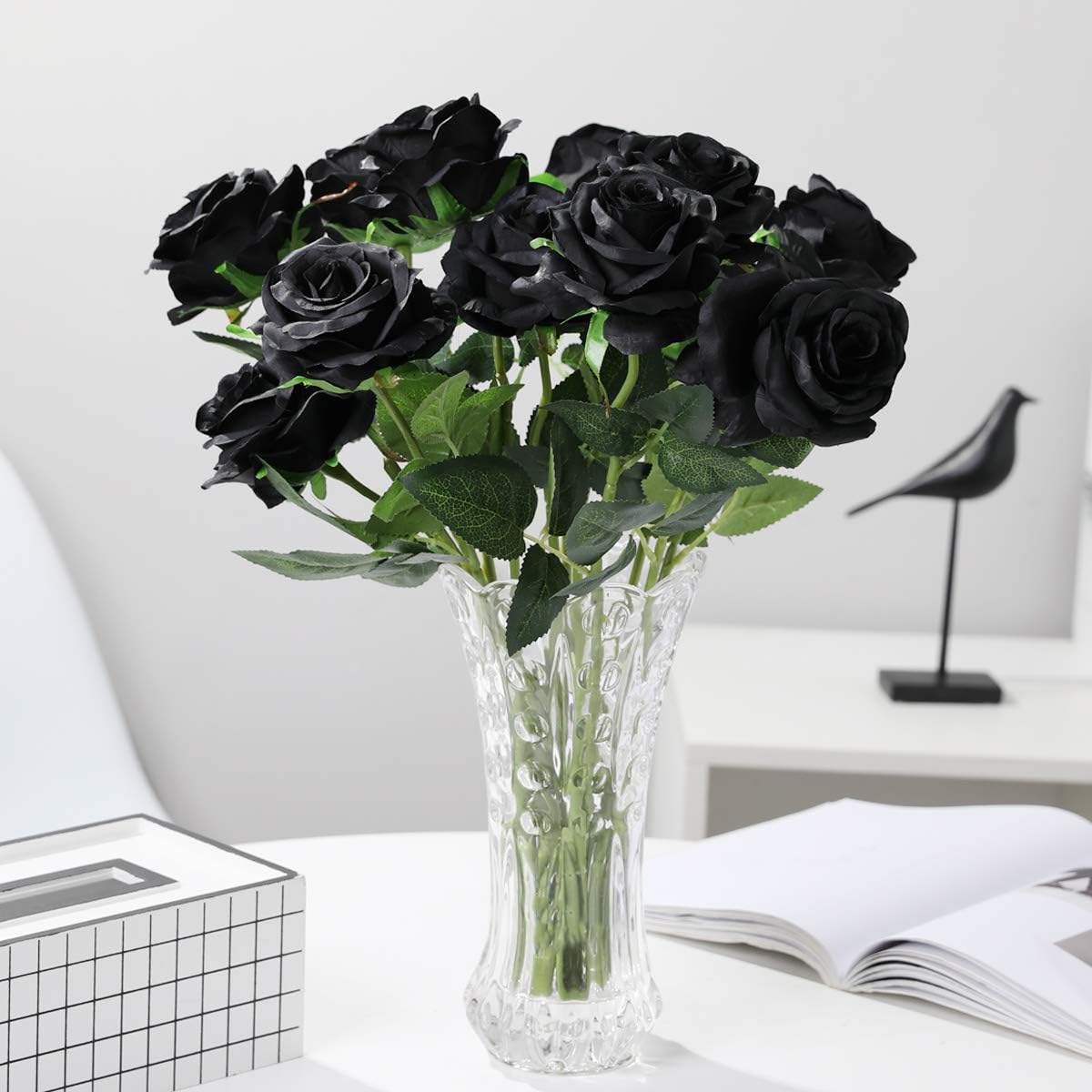 Veryhome 10 Pcs Halloween Flower Decoration Artificial Roses Silk Flowers Fake Single Stem Blooming Rose Bridal Bouqets for Wedding Home Birthday Party Arrangment Garden Decoration (Black)