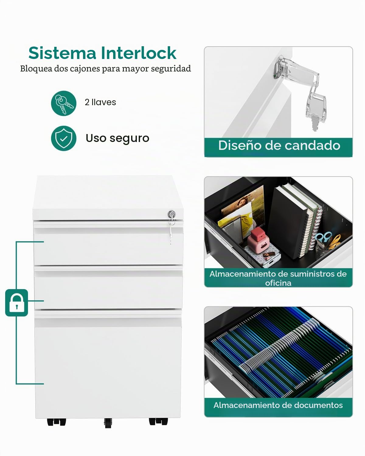 YITAHOME Armario Archivador Móvil, 3 Cajones Cajonera de Oficina con Ruedas, Metalico Mueble Oficina Archivador con Cerradura y Llave para Carta/A4, Blanco, 46 x 39 x 62cm