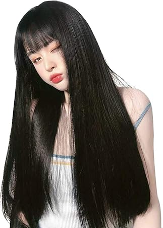 Amazon Co Jp Vigorousウィッグ ロング 黒 ストレート ブラック 地雷女 韓国風 自然 かつら カツラ フルウィッグ ぱっつん前髪 小顔 自然 耐熱wig医療用 ネット付き ビューティー