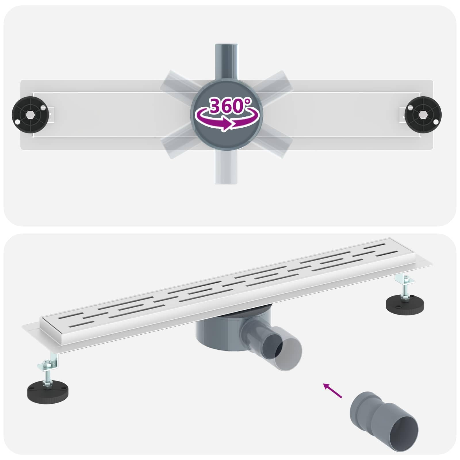 Scarico doccia con tappo in vetro e sifone a 360° in acciaio inox 304, lunghezza 60 cm, regolabile in altezza 0-30 mm, con gancio e guarnizione, per doccia, bagno, montaggio a pavimento