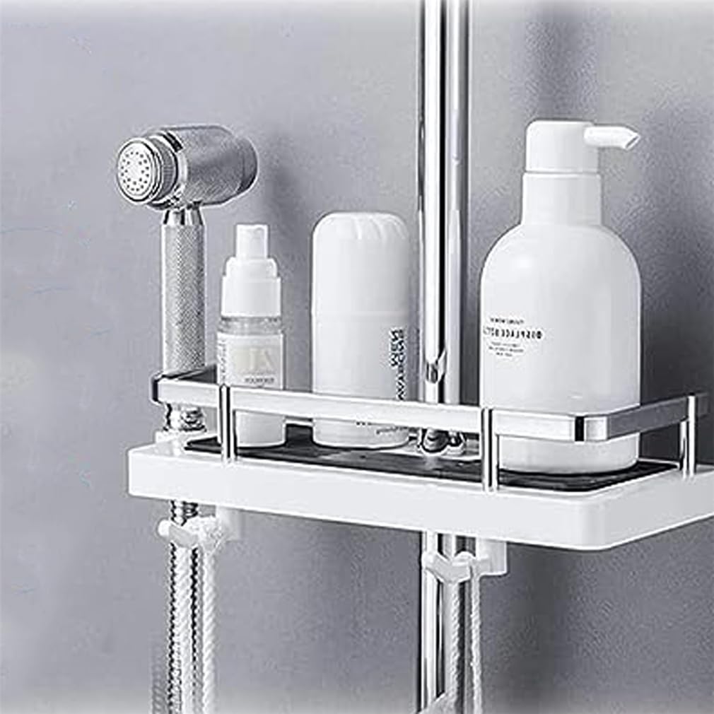 Estante de ducha elevable, estante de almacenamiento adhesivo sin taladro, fácil de instalar, soporte para barra de ducha sin perforaciones, accesorio moderno de agujero cuadrado blanco