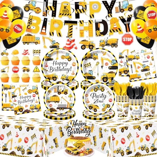 Kinovo 196 Pcs Construction Party Paper Plates Tableware Set (Serves 24), Construction Party Supplies Set Include Plates Napkins Cups For Kids Truck Theme Celebration Tableware
