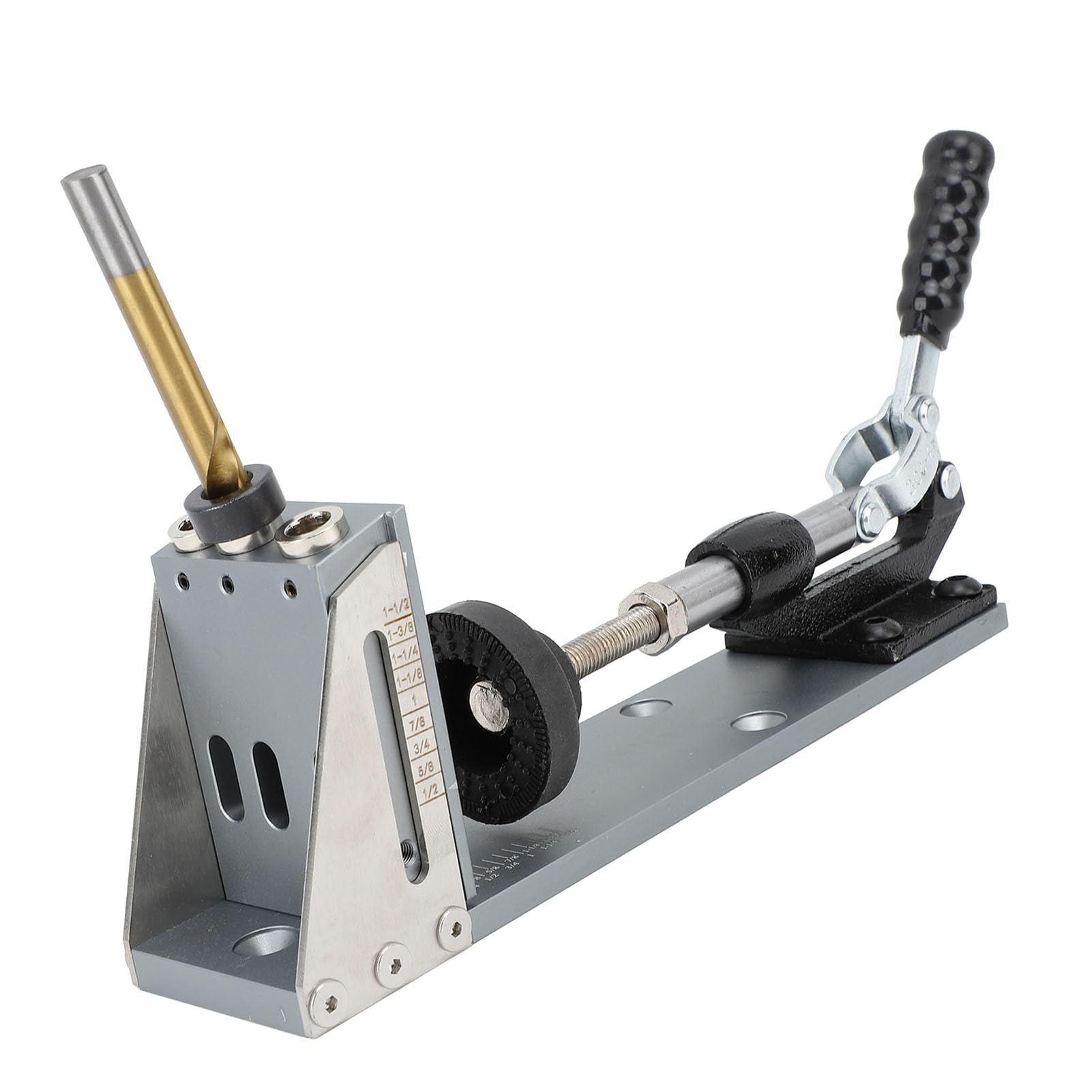 Kit professionale per fori a tasca con regolazione dell'angolo per progetti di falegnameria fai-da-te, in lega di alluminio e legno massello, set da 33 pezzi, 27x6 cm.