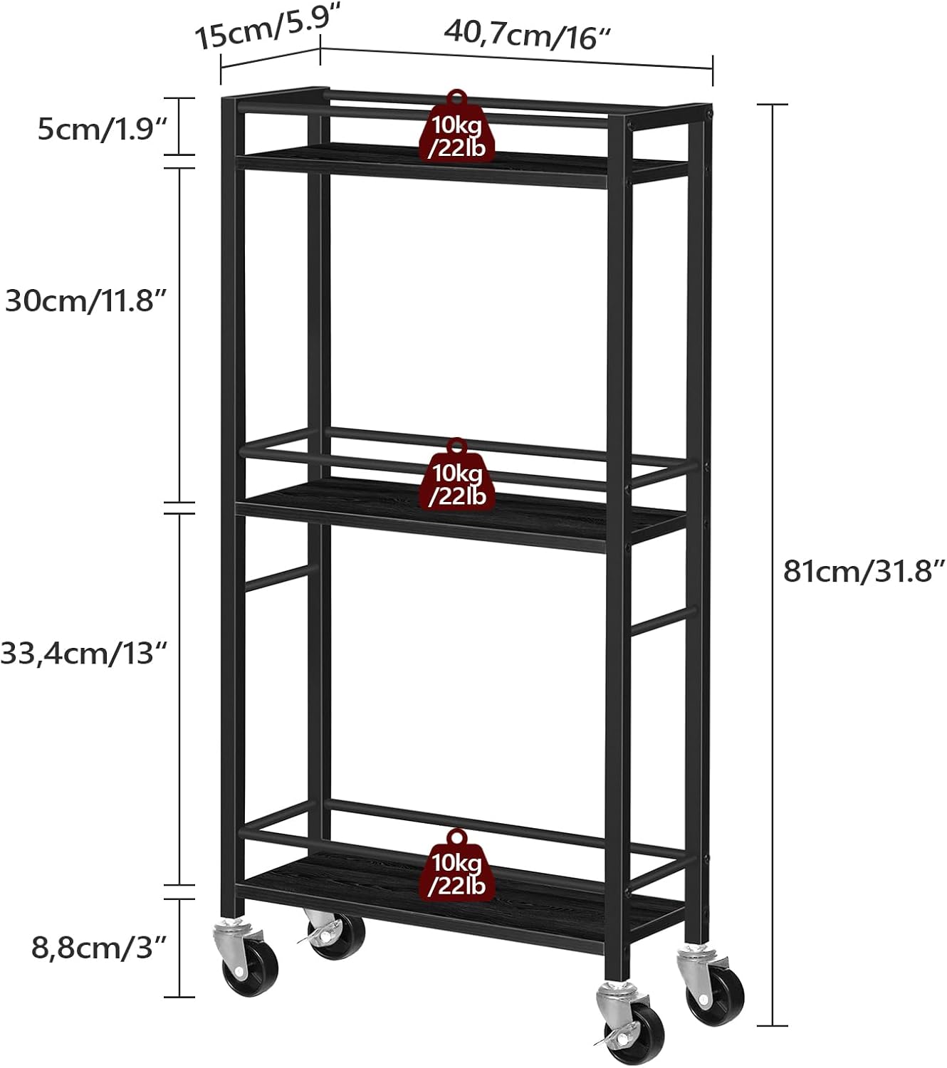 MAHANCRIS Slim Rolling Cart, Mobile Kitchen Cart on Wheels, Narrow Storage Cart for Small Space, Wooden Service Cart, for Bathroom, Laundry, Living Room, Black RCHB1501