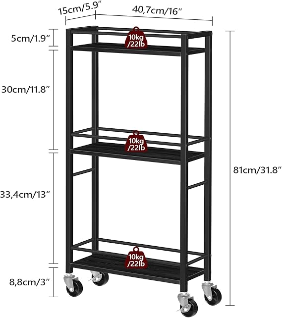 MAHANCRIS Slim Rolling Cart, Mobile Kitchen Cart on Wheels, Narrow Storage Cart for Small Space, Small Bar Cart, for Bathroom, Laundry, Living Room, Black RCHB1501