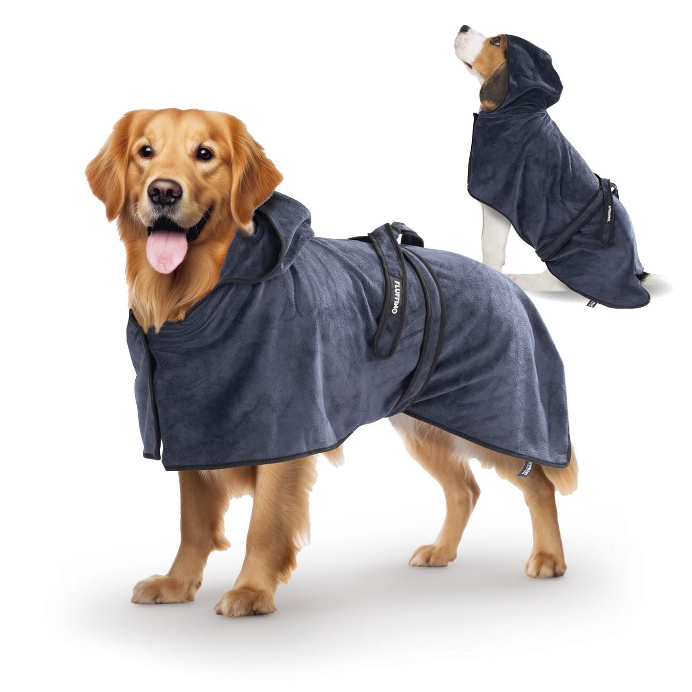 FLUFFINO Hundebademantel Dunkelblau Gr. L | Soft, saugstark, waschbar, schnell trocknend | Tierhandtuch + Klettverschluss | Badetuch für große Hunde | Haustierzubehör