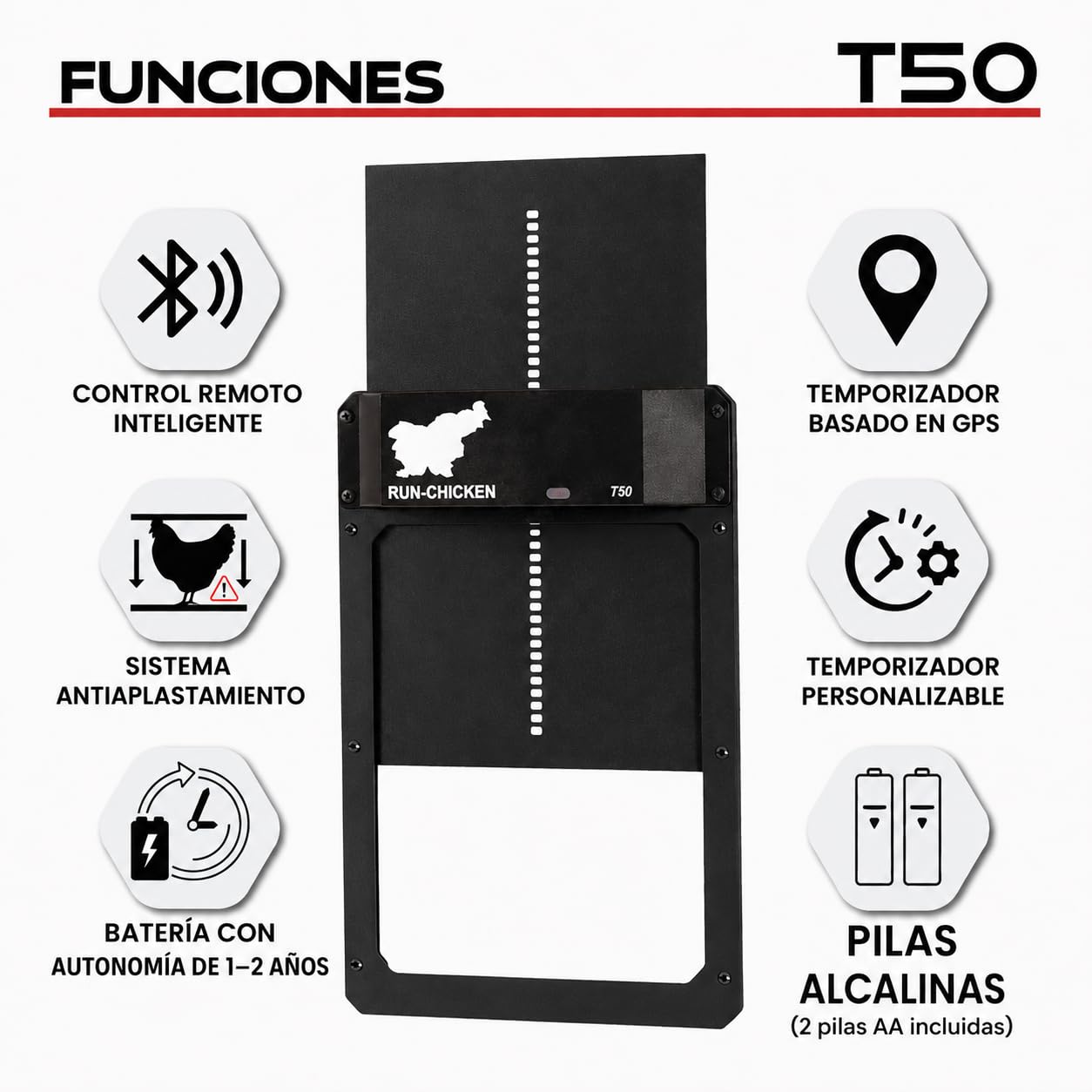 Run‑Chicken Door T50 Onyx – Puerta automática Negra para gallineros, Aluminio Resistente, Control por App, Sensor de luz y Temporizador con retardo, Apta para Exteriores