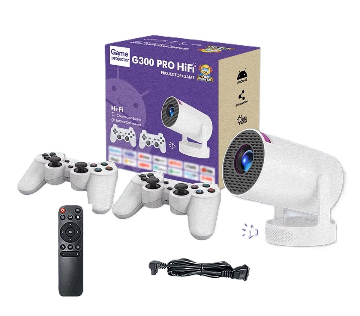 G300 Pro HiFi 2 in 1 Game Projector, Professional Projector with Android Chip and 2 Wireless Game Controllers, Over 20,000 Games