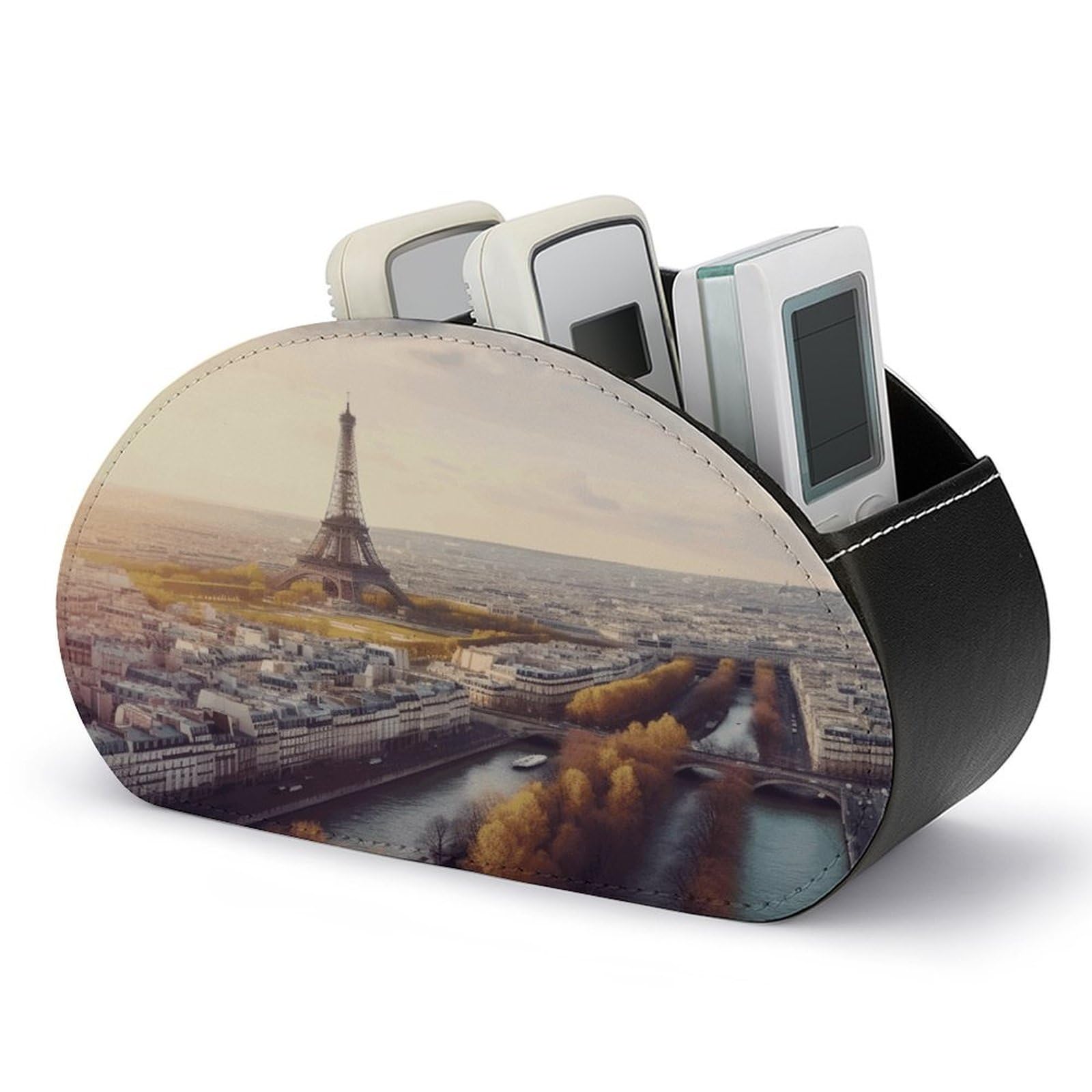 VstaDank Aerial View of Paris Cityscape Remote Control Holder with 5 Compartments PU Leather Remote Caddy Desktop Organizer Store TV Remote Control Storage Box for Home Office Desk Nightstand