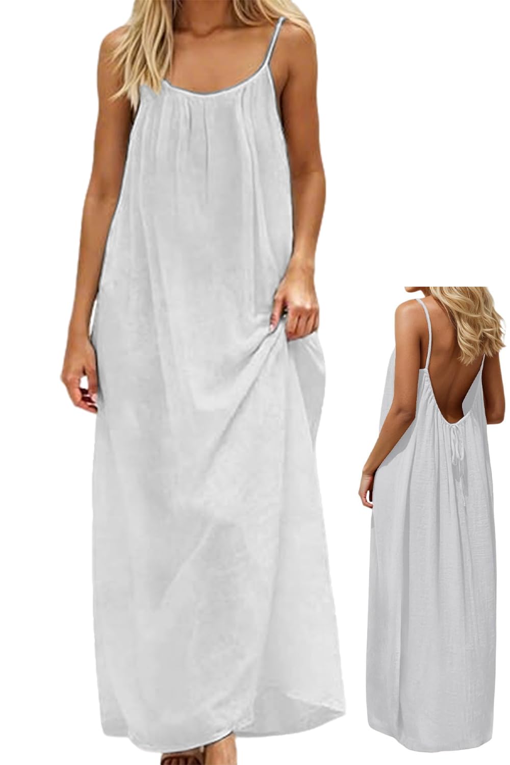 makabaky Sommerkleid Damen Lang Rückenfrei Spaghettiträger Strand Luftig