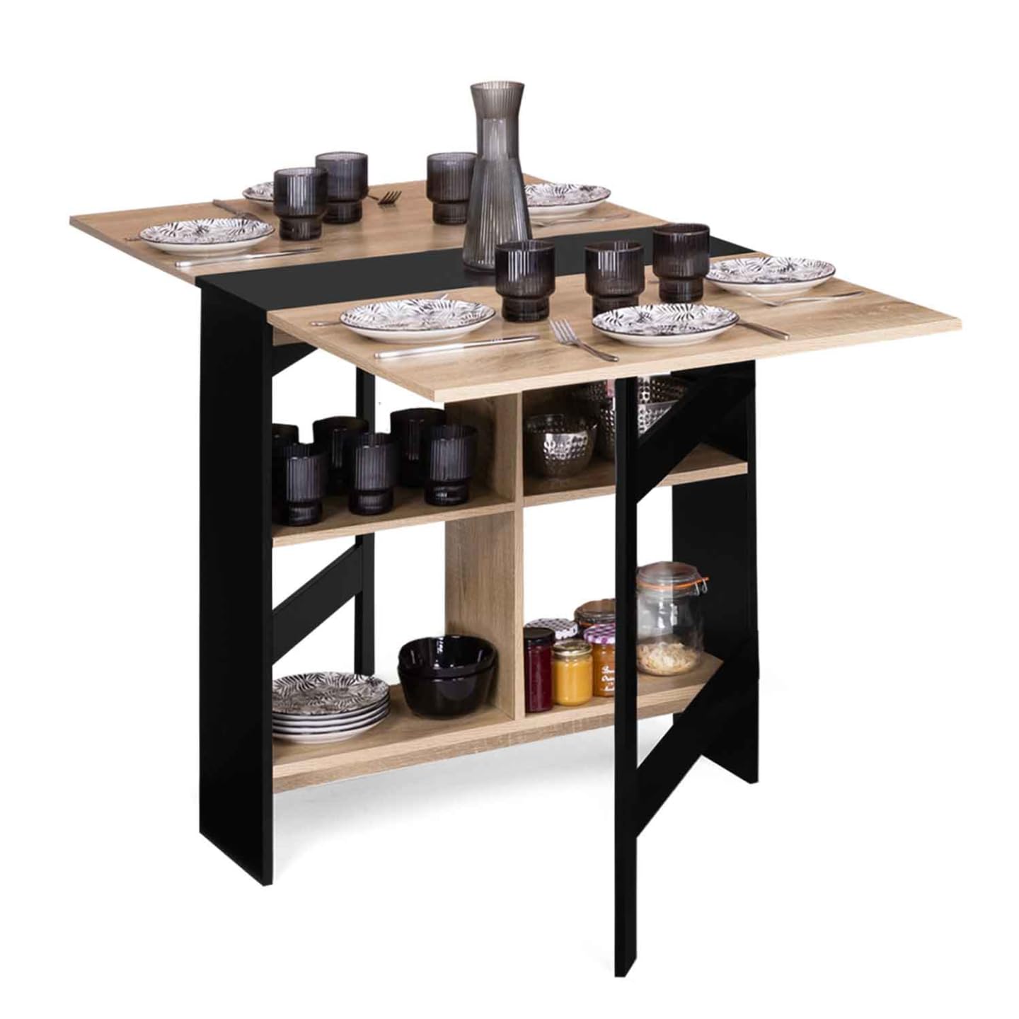 IDMarket - Table Console Pliable EDI 2-6 Personnes avec rangements Bois Noir Plateau façon hêtre 150 x 80 cm