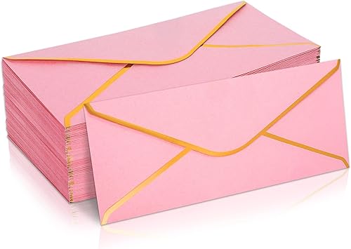 Whaline 50 sobres de negocios rosas con solapa en V con borde de lámina dorada, sobres para tarjetas de regalo, sello autoadhesivo, sobres de correo
