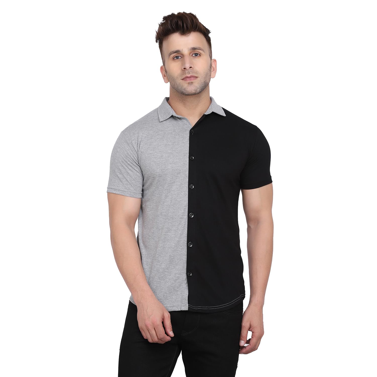 Geum Men's Plain Half Sleeve Shirt | Slim Fit Cotton Blend Button Down with Spread Collar – Casual & Office Wear