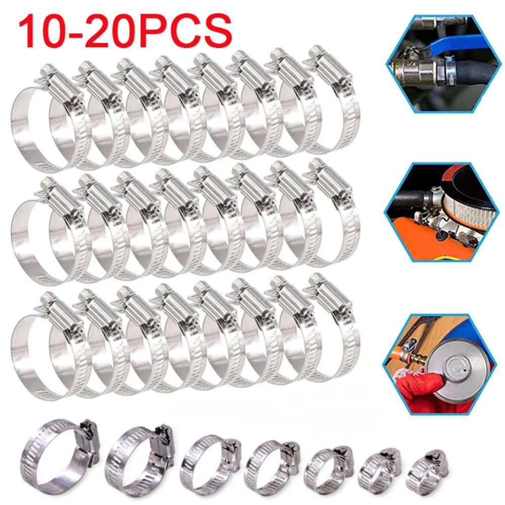 10-20PCS Abrazadera de manguera de acero inoxidable Kit surtido ajustable de 6 a 152 mm Abrazadera de línea de combustible de metal con engranaje helicoidal para plomería de tuberías de agua, 27,51 mm