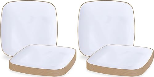 Miniatura 6 de Blue Sky Platos desechables blancos orgánicos de 7.25 pulgadas cuadrados (10 unidades)  Vajilla de plástico con borde dorado para fiestas