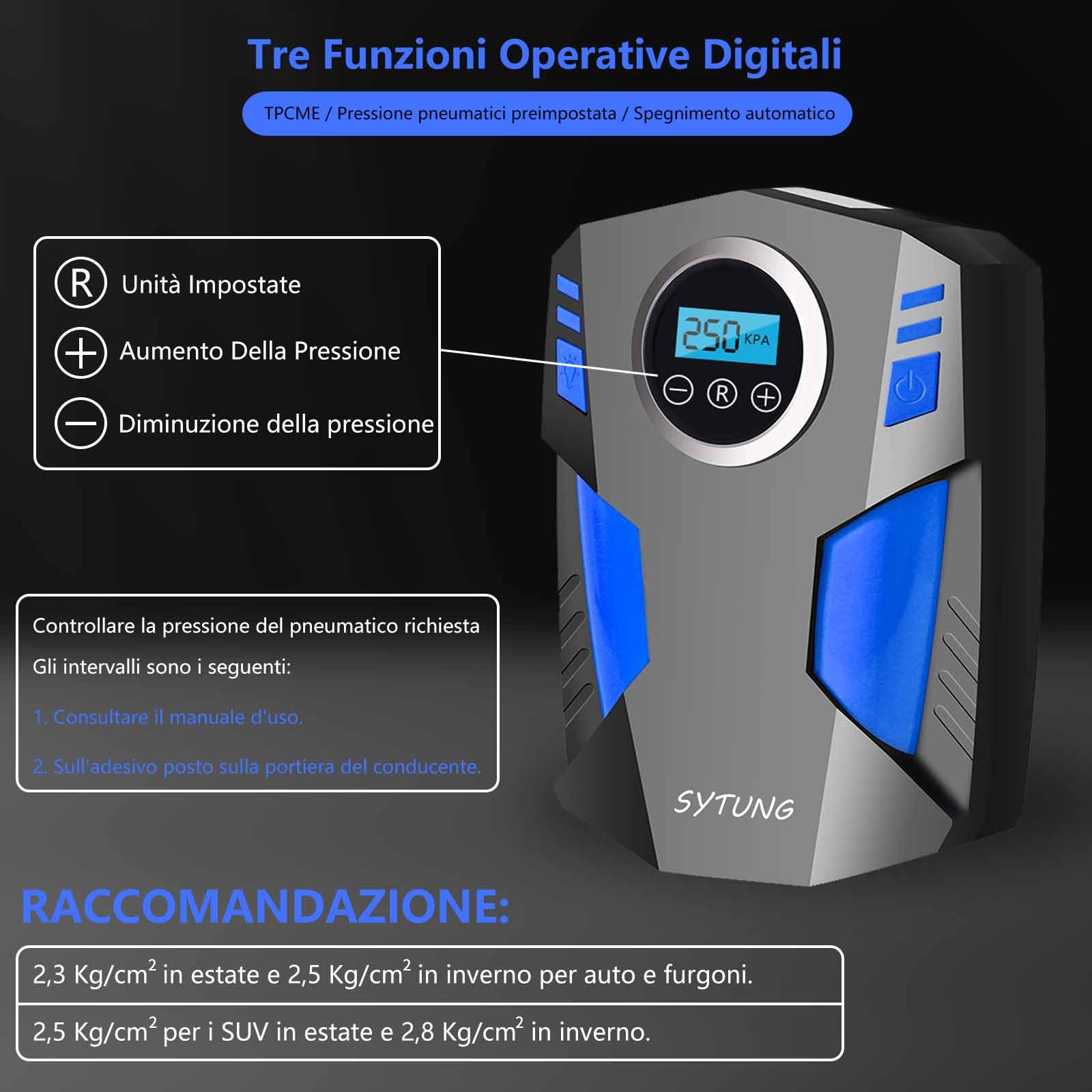 SYTUNG Compressore Aria Portatile, Compressore Aria Portatile Auto con 3 Adattatori per Ugelli e Luci LED Digitali per Pneumatici per Auto e Altri Prodotti Gonfiabili