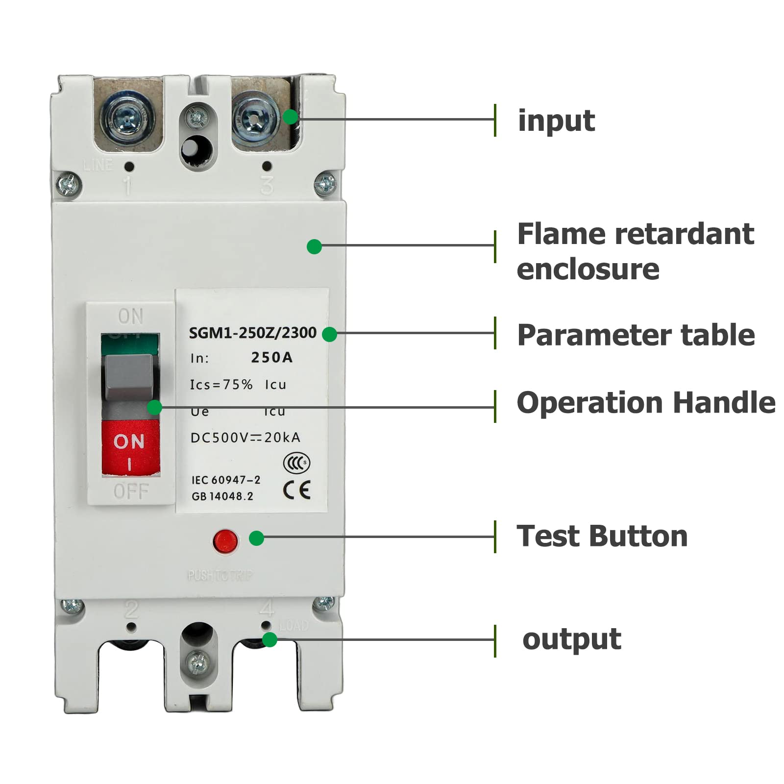 DEWIN Interruttore Automatico CC 2P 500V 250A Interruttore Automatico Scatolato CC MCCB Interruttore Automatico Fotovoltaico, Per Sistema Solare Fotovoltaico Pannelli Solari Sistema Di Rete