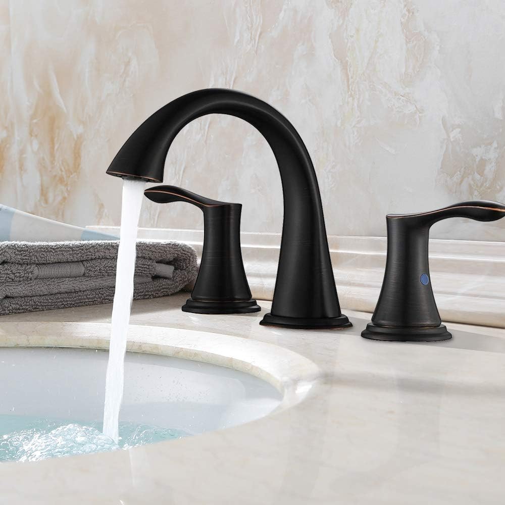 WATER'S GOOD 2 Handle Widespread Bathroom Faucet with Pop-up Drain Assembly, Low Arc Oil Rubbed Bronze Lavatory Faucet