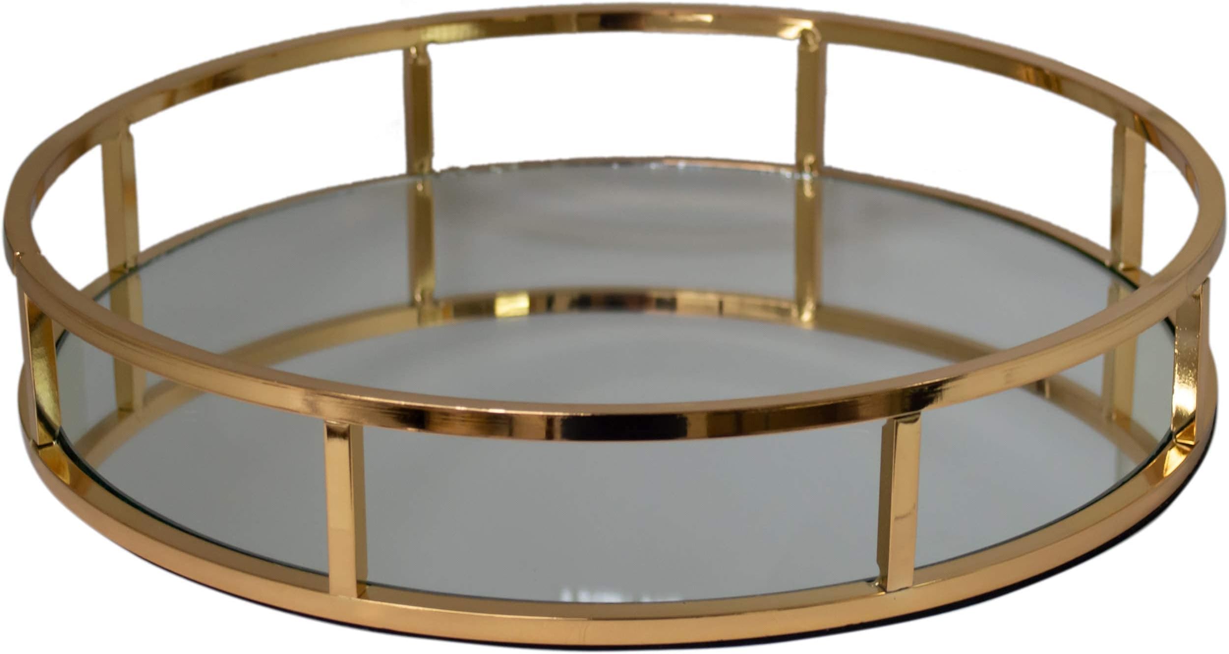 New Decorative Gold Metal Round Shape Serving/Dressing Table Tray with Mirror Glass Base (AR15 Gold)